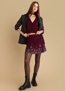 Φούστα μίνι πλεκτή με φλοράλ σχέδιο - 5206634997234