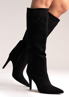 Ideal shoes - Ideal shoes Μυτερά Μποτάκια Suede με Τακούνι Στιλέτο - 2528A-1 - Μαύρο Σουέτ
