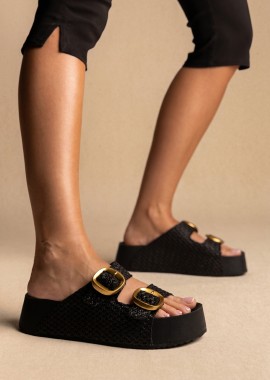 ATENEO - ATENEO Flatform Σανδάλια με λεπτομέρεια αγκράφας - 57001 - Black Raffia