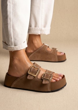 ATENEO Flatform σανδάλια με Λεπτομέρεια Αγκράφας - 67001 - Taupe Σουέτ