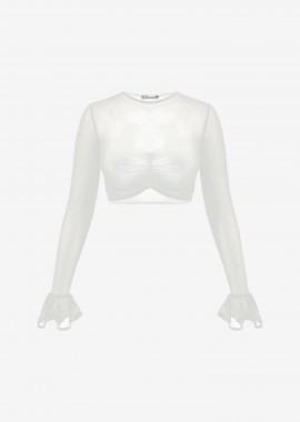 Cutcuutur - Mesh Cropped Long-Sleeved Top in White