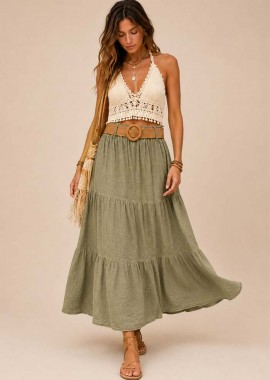 PerfectDress.gr - boho cotton stonewashed φούστα Gauze χακί