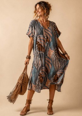 bohemian viscose φόρεμα 3/4 Tropicana μπλε