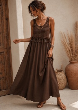 PerfectDress.gr - bohemian maxi crochet φόρεμα Αtlantis καφέ