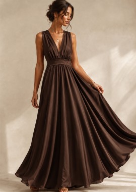 PerfectDress.gr - βραδινό σατέν maxi φόρεμα Aurora καφέ