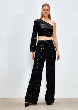 SOU - Aurora γυναικείο crop top με έναν ώμο από παγιέτες μαύρο
