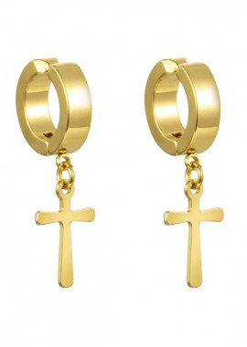 Jt Unisex σκουλαρίκια κρίκοι κλιπ με σταυρό ατσάλινα Χρυσό