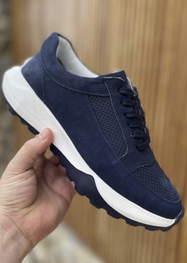 Ανδρικά μπλε δερμάτινα casual Sneakers με λευκή σόλα HG175545B