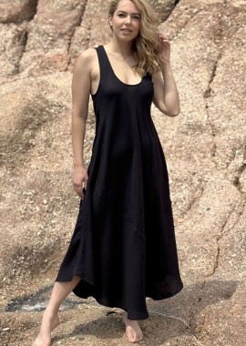 Anna Raxevsky - ΜΑΥΡΟ ΦΟΡΕΜΑ LINEN-LOOK ΜΕ ΔΙΑΚΟΣΜΗΤΙΚΑ ΓΑΖΙΑ