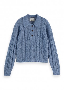 SCOTCH & SODA - ΓΥΝΑΙΚΕΙΟ ΠΟΥΛΟΒΕΡ CABLE STITCH POLO NECK PULLOVER SCOTCH & SODA ΚΑΝΟΝΙΚΗ ΓΡΑΜΜΗ ΜΠΛΕ