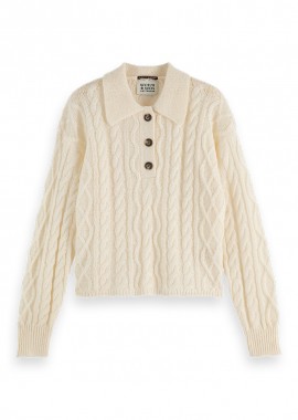 SCOTCH & SODA - ΓΥΝΑΙΚΕΙΟ ΠΟΥΛΟΒΕΡ CABLE STITCH POLO NECK PULLOVER SCOTCH & SODA ΚΑΝΟΝΙΚΗ ΓΡΑΜΜΗ ΕΚΡΟΥ
