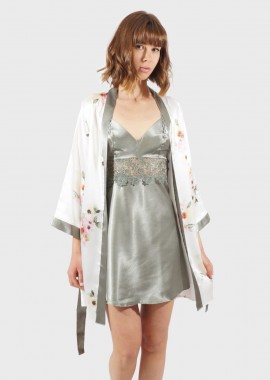 moongirl - Γυναικείο σετ νυχτικό ρόμπα all print flower. Saten Collection ΧΑΚΙ