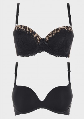 Γυναικείο σουτιέν balconette animal print & basic bra.Kαλύπτει Β CUP ΜΑΥΡΟ