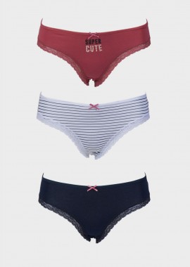 Γυναικείο slip brief cotton διακοσμητική ελαστική δαντέλα. Συσκευασία 3pack. MULTI COLOUR