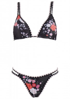 gsecret - Σέτ τρίγωνο μαγιό αποσπώμενη ενίσχυση bikini παρτό floral print. Καλύπτει B Cup. ΜΑΥΡΟ