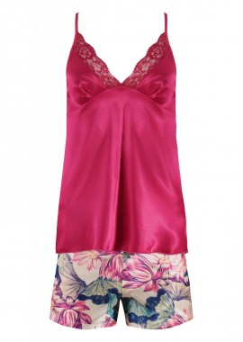 Baby doll Anil σατέν λεπτή ράντα floral print pants.Saten Collection ΦΟΥΞΙΑ