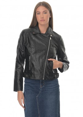 Γυναικείο δερματίνι biker jacket εσωτερική επένδυση γούνας ΜΑΥΡΟ