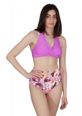 Γυναικείο set μαγιό φαρδύ τρίγωνο με ενίσχυση bikini ψηλόμεσο floral. Καλύπτει B & C Cup. ΦΟΥΞΙΑ