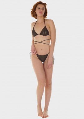 Γυναικείο σετ μαγιό bikini τριγωνάκι αποσπώμενη επένδυση slip παρτό πλαϊνά κορδονάκια.Καλύπτει B Cup. ΜΑΥΡΟ