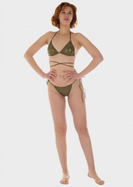 gsecret - Γυναικείο σετ μαγιό bikini τριγωνάκι αποσπώμενη επένδυση slip παρτό πλαϊνά κορδονάκια.Καλύπτει B Cup. ΧΑΚΙ