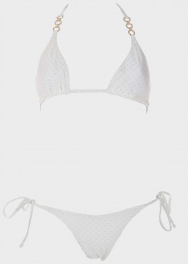 Γυναικείο σετ μαγιό bikini τριγωνάκι αποσπώμενη επένδυση διακοσμητικά τρούκς slip παρτό. Καλύπτει B CUP. ΛΕΥΚΟ