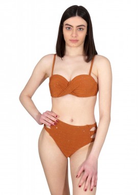 gsecret - Γυναικείο set μαγιό ντραπέ σταθερή ενίσχυση Bikini ψηλόμεσο κανονική γραμμή. Καλύπτει B & C cup. ΚΑΜΕΛ