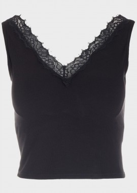 gsecret - Crop top μονόχρωμο ελαστικό με δαντέλα ΜΑΥΡΟ