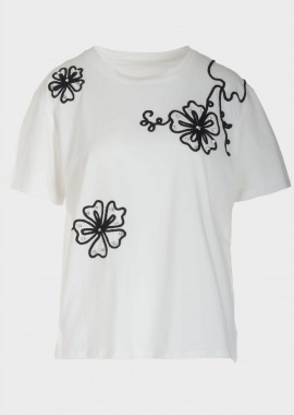 gsecret - Γυναικείo tshirt με πλεκτά λουλούδια. ΛΕΥΚΟ