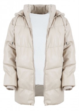 Γυναικείο μπουφάν puffer όψη δερματίνης επένδυση γούνας loose γραμμή. ΕΚΡΟΥ