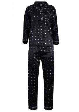 Γυναικεία πυτζάμα σατέν με κουμπιά all print pois. Saten Collection ΜΑΥΡΟ