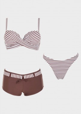 gsecret - Set bikini με ρίγες push up boxer και string. Καλύπτει B Cup. 3 pack ΚΑΦΕ