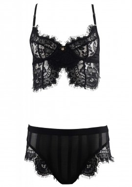 Set bralette ελαστική δαντέλα με μπανέλα & slip-hipster. Lace Collection ΜΑΥΡΟ