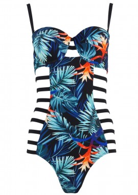 gsecret - Ολόσωμο μαγιό cut-out πλαϊνο print-floral. Καλύπτει B & C cup ΜΑΥΡΟ