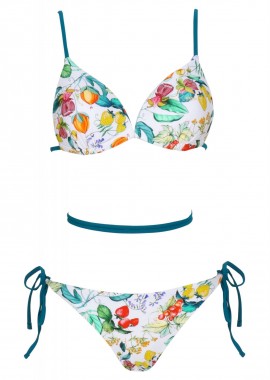 Set μαγιό floral τρίγωνο σταθερή ενίσχυση bikini κανονική γραμμή δετό στο πλάι. Καλύπτει B cup. ΛΕΥΚΟ
