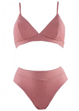 Γυναικείο σέτ μαγίο τρίγωνο bikini ψηλόμεσο. Καλύπτει B cup ΡΟΖ