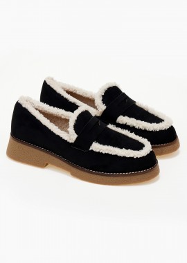 Loafers με suede υφή και γούνα - Μαύρο