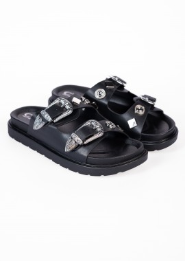 Σανδάλια flatform με αγκράφες και μεταλλικά στοχεία - Μαύρο