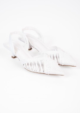 Χαμηλές open heel μυτερές γόβες με πλεκτό σχέδιο - Λευκό