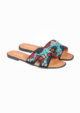 Flat σανδάλια με boho σχέδιο - Μαύρο
