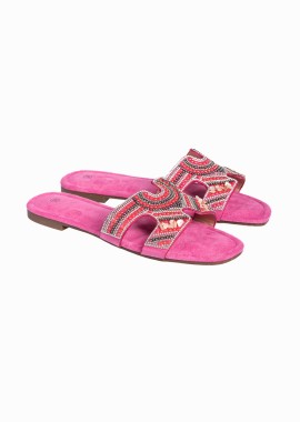Flat boho σανδάλια με χάντρες - Φούξια