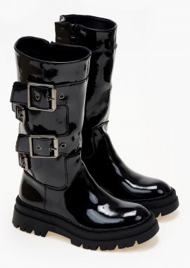 Issue - Biker boots λουστρίνι με αγκράφες - Μαύρο