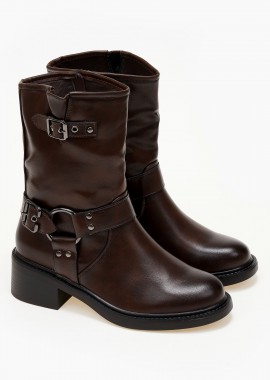 Issue - Biker boots με ζώνη και αγκράφες - Καφέ