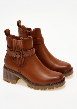 Ankle boots με χοντρό τακούνι και τρακτερωτή σόλα - Κάμελ