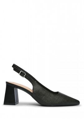 Issue - Open heel μυτερές γόβες με χοντρό τακούνι και σχέδιο ψάθας - Μαύρο