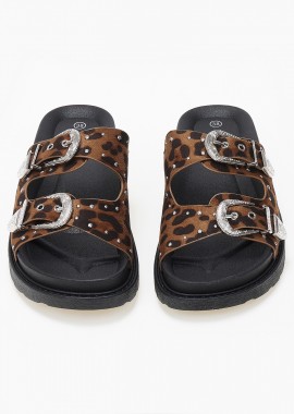 Σανδάλια flatform με suede υφή και αγκράφες - Λεοπάρ