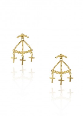 - Ασημένια σκουλαρίκια Ear-jackets με ενωμένες μπίλιες και τρεις κρεμαστούς σταυρούς σε κλασικό σχέδιο επιχρυσωμένα