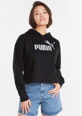 PUMA ESSENTIALS+ CROPPED METALLIC LOGO HOODIE ΜΑΥΡΟ
