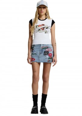 Ed Hardy Multi Badge Tattoo Denim Mini Φούστα - Μπλε-ED5719-BLUE