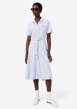 Lacoste γυναικείο midi φόρεμα πόλο σεμιζιέ πικέ με κεντημένο λογότυπο Flared Cut - EF9621-00 Σιελ