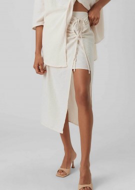 Vero Moda γυναικεία midi φούστα μονόχρωμη ψηλόμεση με κρουαζέ σχέδιο και δέσιμο στο πλάι - 10285597 Κρέμ